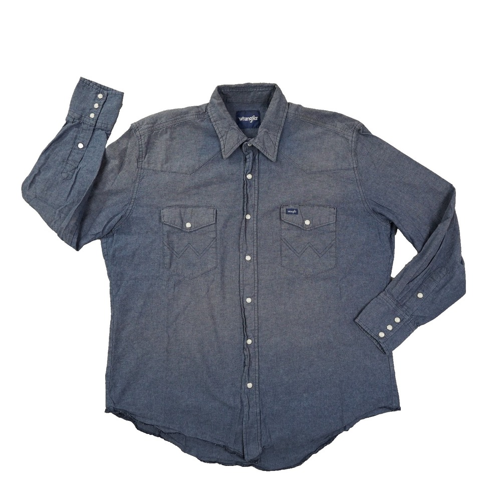 Wrangler Vintage Brushpopper Denim Pearl Snap Shirt Men's XL Blue Western Cowboy